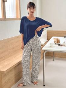 DAZY Solid Drop Shoulder Tee & Dalmatian Print Trousers Lounge Set - Dusty Blue - View 4