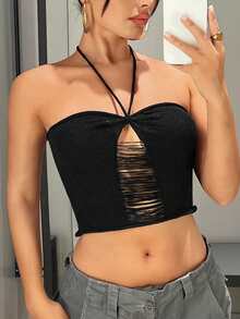 SHEIN ICON Cắt ra Ca-vát Backless Dây Knit ngọn - màu đen - Xem 1