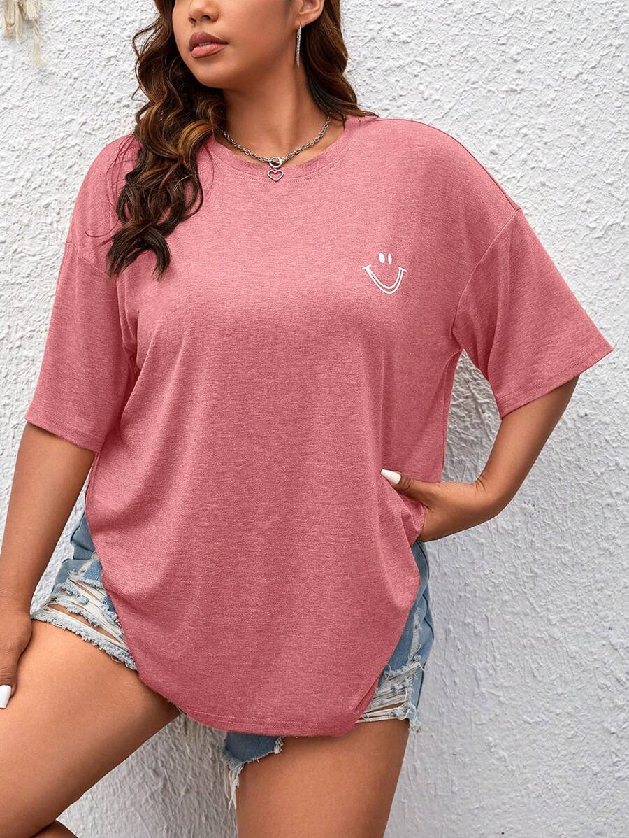 SHEIN EZwear Plus Cartoon Graphic Drop Shoulder Curved Hem Tee - Redwood - View 1