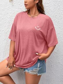 SHEIN EZwear Plus Cartoon Graphic Drop Shoulder Curved Hem Tee - Redwood - View 5