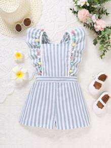 SHEIN Young Girl Striped Print Pom Pom Detail Ruffle Trim Overall Romper - Multicolor - View 1