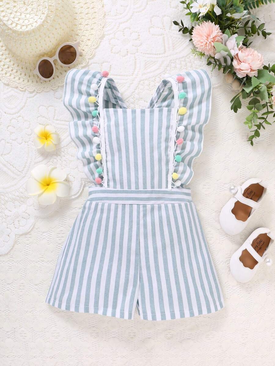 SHEIN Young Girl Striped Print Pom Pom Detail Ruffle Trim Overall Romper - Multicolor - View 1