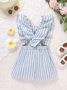 SHEIN Young Girl Striped Print Pom Pom Detail Ruffle Trim Overall Romper - Multicolor - View 2