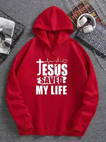 Manfinity Homme Sudadera Con Capucha De Cordón Y Eslogan Para Hombre, Holgada Con Forro Térmico - Rojo - Ver 4