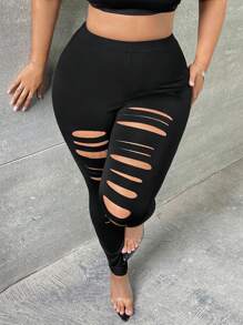Slaydiva 大碼梯狀鏤空前破洞緊身褲 - 黑色 - 查看 1