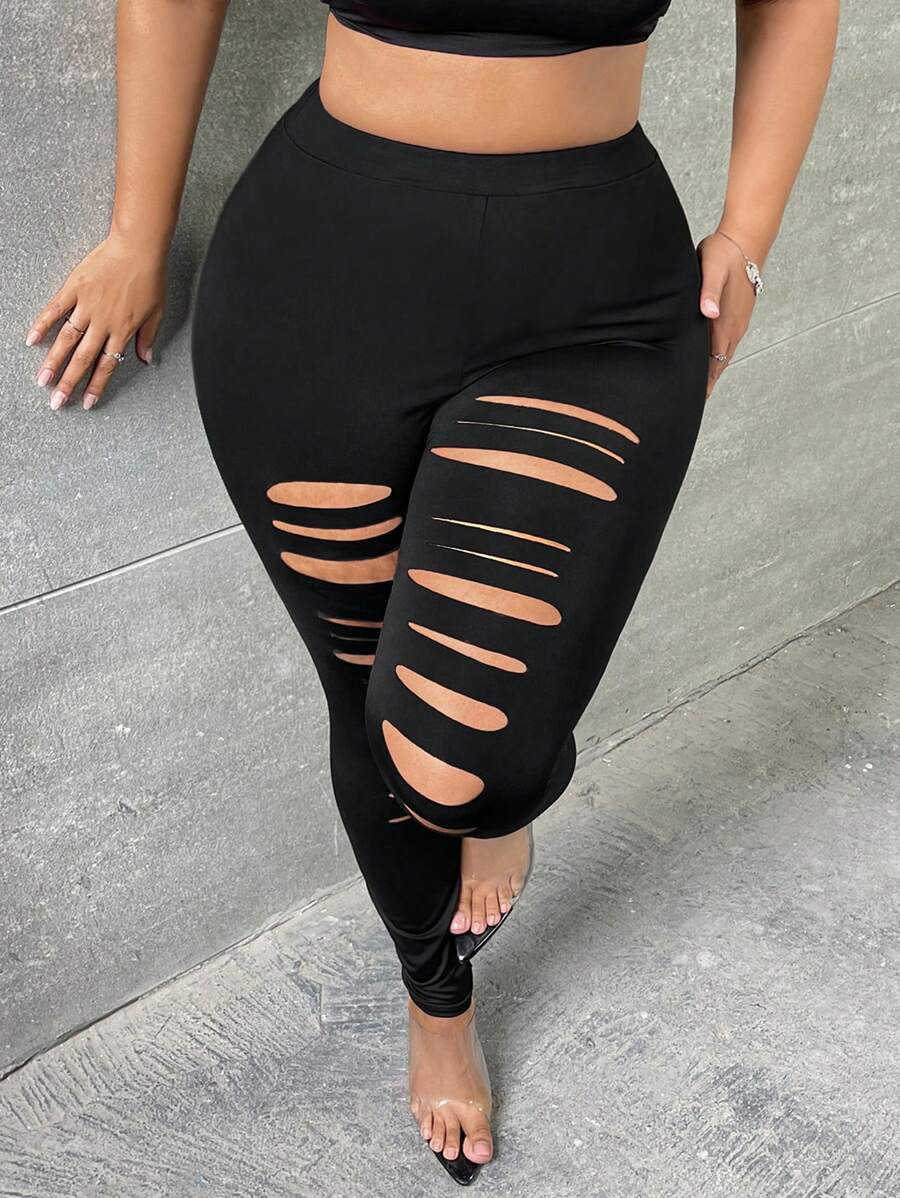 Slaydiva 大碼梯狀鏤空前破洞緊身褲 - 黑色 - 查看 1