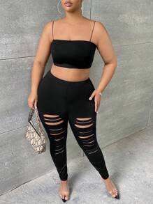 Slaydiva 大碼梯狀鏤空前破洞緊身褲 - 黑色 - 查看 3