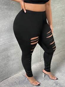 Slaydiva 大碼梯狀鏤空前破洞緊身褲 - 黑色 - 查看 5