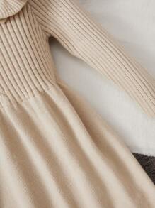 青少年女孩圆领长袖纹理提花荷叶边盖袖 A 字形毛衣连衣裙，适合圣诞节 - 杏色 - 查看 5