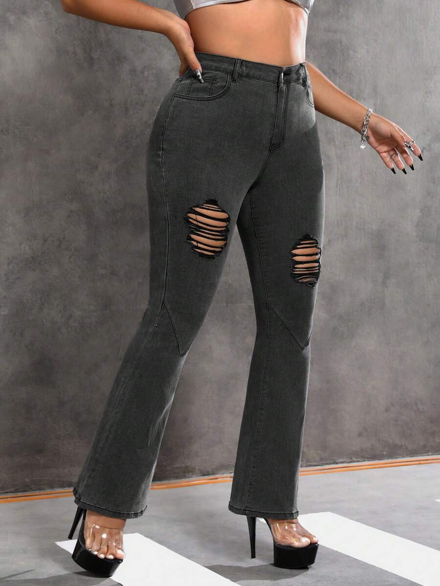 SHEIN ICON 大碼破洞牛仔喇叭褲 - 黑色 - 查看 1