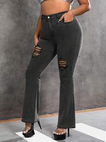 SHEIN ICON 大碼破洞牛仔喇叭褲 - 黑色 - 查看 5