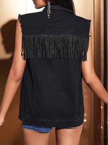SHEIN Essnce 流蘇邊無袖牛仔夾克 - 黑色 - 查看 2
