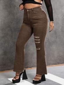 SHEIN ICON Talla grande Jeans de pierna amplia desgarro sin cinturón - Café integral - Ver 3