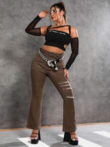 SHEIN ICON Talla grande Jeans de pierna amplia desgarro sin cinturón - Café integral - Ver 4