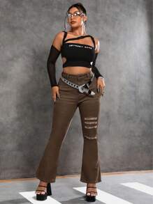 SHEIN ICON Talla grande Jeans de pierna amplia desgarro sin cinturón - Café integral - Ver 1