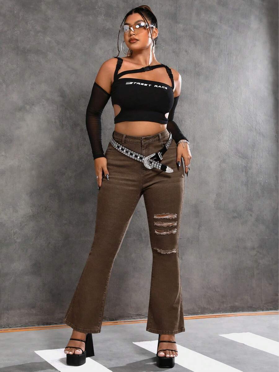 SHEIN ICON Talla grande Jeans de pierna amplia desgarro sin cinturón - Café integral - Ver 1