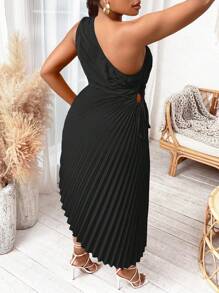 SHEIN SXY Hơn Một bờ vai Nút ven Viền xếp Đầm - màu đen - Xem 4