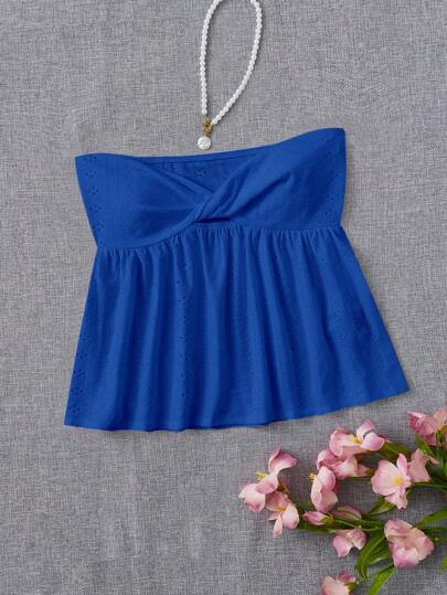 SHEIN EZwear Twist Front Ruffle Hem Tube Top Blue Top Womenroyal Blue Topstrapless Topsblue Top For Girls