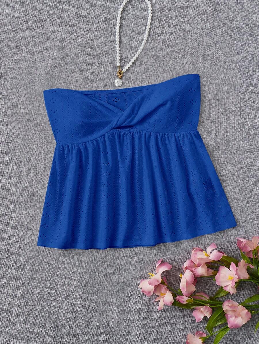 SHEIN EZwear Top tubo con volantes y frente torcido, color azul real, top sin tirantes, top azul para niñas - azul real - Ver 1