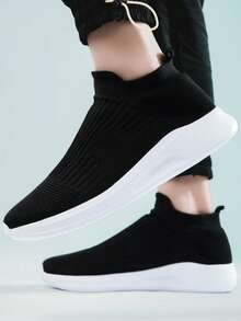 Nam Màu thuần Đơn giản giản dị Giày lười Dệt kim Giày thể thao - màu đen - Xem 2