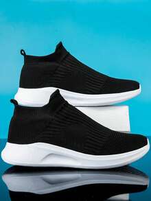 Nam Màu thuần Đơn giản giản dị Giày lười Dệt kim Giày thể thao - màu đen - Xem 3