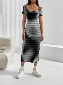 SHEIN EZwear Striped Split Thigh Dress - Black - View 3