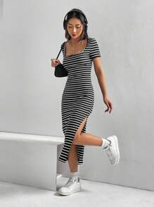 SHEIN EZwear Striped Split Thigh Dress - Black - View 6