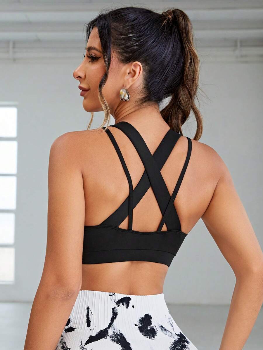 後背十字交叉運動型胸罩 - 黑色 - 查看 1