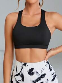 後背十字交叉運動型胸罩 - 黑色 - 查看 3