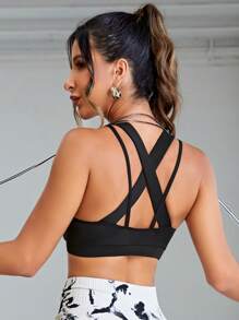 後背十字交叉運動型胸罩 - 黑色 - 查看 4