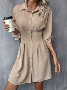 SHEIN Clasi 捲邊袖褶皺細節襯衫洋裝 - 卡其色 - 查看 1