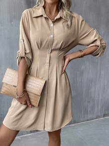 SHEIN Clasi 捲邊袖褶皺細節襯衫洋裝 - 卡其色 - 查看 7