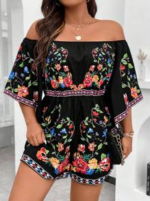 Sunserae Flowers Birds Plus Floral Print Off Shoulder Romper Tropical Colorblock Floral Print Boho Vacation Fashionable Style For Summer - Black - View 7