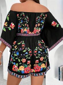 Sunserae Flowers Birds Plus Floral Print Off Shoulder Romper Tropical Colorblock Floral Print Boho Vacation Fashionable Style For Summer - Black - View 2