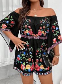 Sunserae Flowers Birds Plus Floral Print Off Shoulder Romper Tropical Colorblock Floral Print Boho Vacation Fashionable Style For Summer - Black - View 3