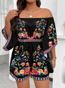 Sunserae Flowers Birds Plus Floral Print Off Shoulder Romper Tropical Colorblock Floral Print Boho Vacation Fashionable Style For Summer - Black - View 4