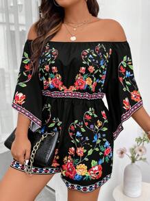 Sunserae Flowers Birds Plus Floral Print Off Shoulder Romper Tropical Colorblock Floral Print Boho Vacation Fashionable Style For Summer - Black - View 5