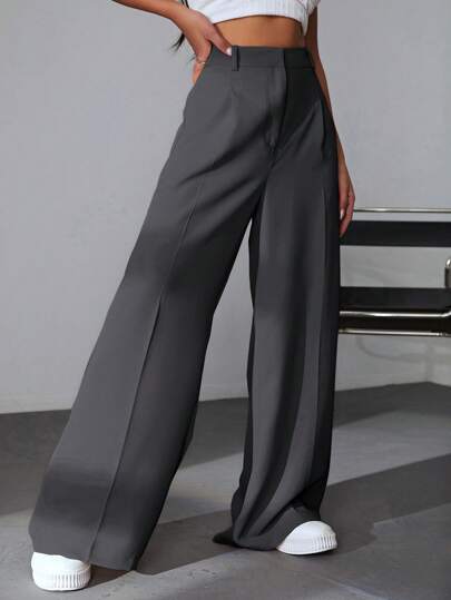SHEIN EZwear 春季纯色褶饰休闲阔腿裤