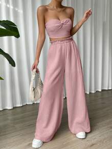 SHEIN EZwear Twist Front Tube Top & Wide Leg Trousers - Dusty Pink - View 1