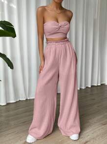 SHEIN EZwear Twist Front Tube Top & Wide Leg Trousers - Dusty Pink - View 3