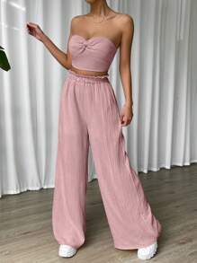 SHEIN EZwear Twist Front Tube Top & Wide Leg Trousers - Dusty Pink - View 5