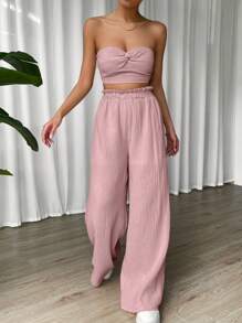 SHEIN EZwear Twist Front Tube Top & Wide Leg Trousers - Dusty Pink - View 6