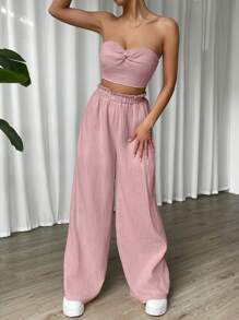SHEIN EZwear Twist Front Tube Top & Wide Leg Trousers - Dusty Pink - View 7