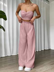 SHEIN EZwear Twist Front Tube Top & Wide Leg Trousers - Dusty Pink - View 8