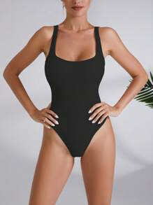 SHEIN Sports 素色條紋針織運動背心連體衣