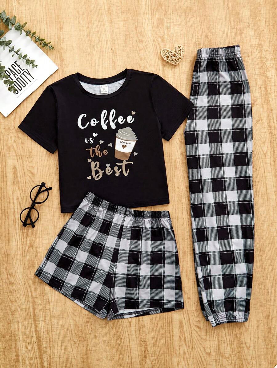 SHEIN Tween Girl Coffee & Slogan Graphic Tee & Plaid Shorts & Pants PJ Set - Black - View 1