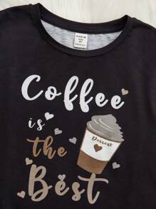 SHEIN Tween Girl Coffee & Slogan Graphic Tee & Plaid Shorts & Pants PJ Set - Black - View 3