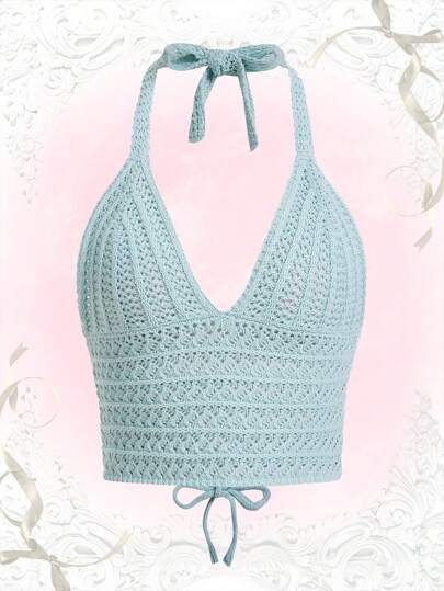 Summer Crochet Beach Holiday Solid Hollow Out Halter Knit Top
