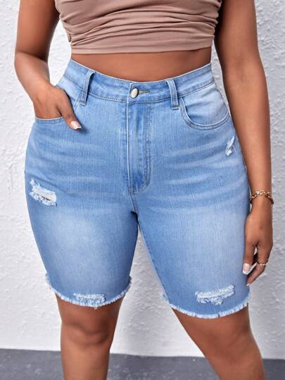 SHEIN SXY 大碼高腰破洞毛邊牛仔短褲