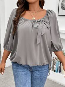 Calvaya Plus Knot Front Lantern Sleeve Blouse